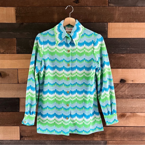 Vintage Groovy Zig Zag Waves Bradley Dagger Collar Button Up Lightweight Jacket - Picture 5 of 10